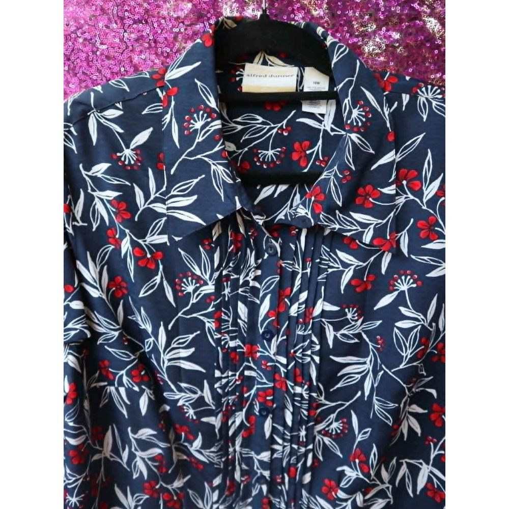Navy Floral Blouse 16W Alfred Dunner Women Pleated Front Short Sleeve Top - Picture 2 of 11